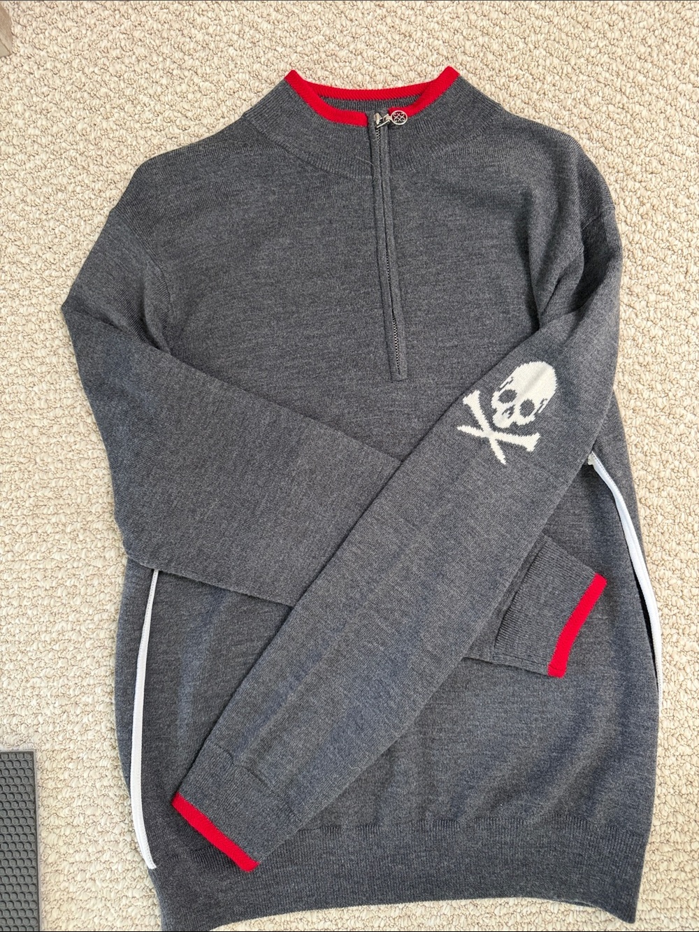 G/Fore Golf Charcoal Gray Skull Crees Quarter-Zip Sweater with Red White Trim